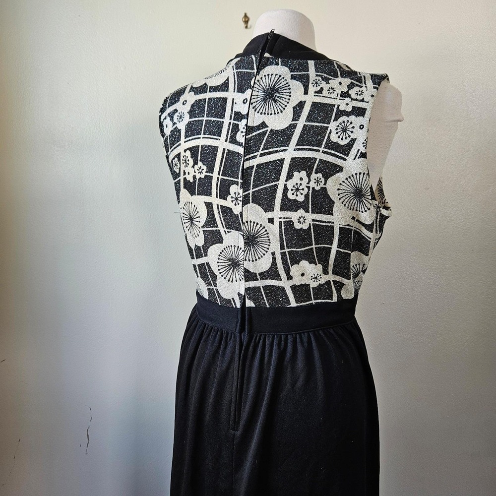 Vintage 70s Black Silver Floral Lurex Disco Diva Maxi Dress Gown Polyester M/L - Picture 5 of 6